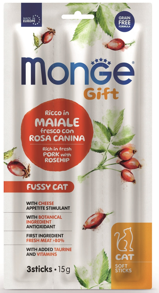 Monge Gatto Gift Fussy Cat Soft Sticks Ricco in Maiale Fresco con Rosa Canina  3x5 g Monge Gatto Gift Fussy Cat Soft Sticks Ricco in Maiale Fresco con Rosa Canina  3x5 g
